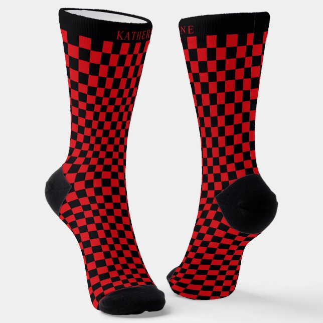 Custom Bright red and Black Checkered Pattern Socks (Angled)