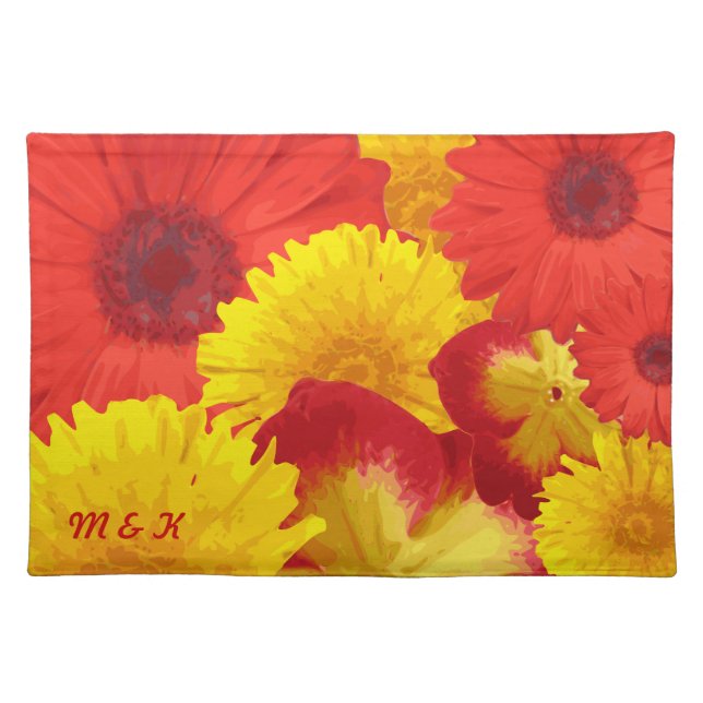 Custom Bright Red Daisies Yellow Chrysanthemums Cloth Placemat (Front)