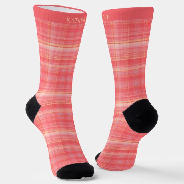 Custom Bright Red Orange Yellow Checkered Pattern Socks (Angled)