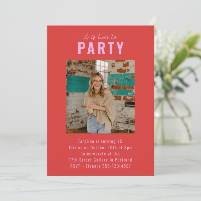 Custom Bright Red Pink Modern Photo Birthday Party Invitation (Standing Front)