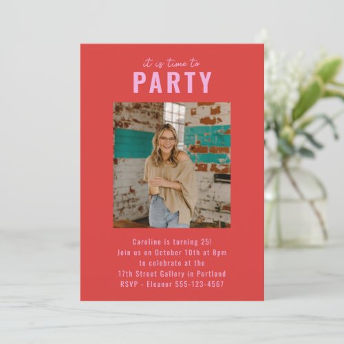 Custom Bright Red Pink Modern Photo Birthday Party Invitation