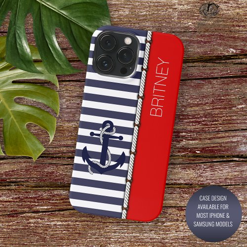 Custom Bright Red White Navy Dark Blue Stripes iPhone 15 Pro Max Case