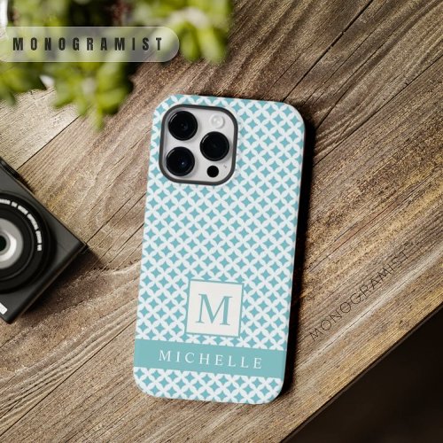 Custom Bright Turquoise Blue White Geometric  Case_Mate iPhone 14 Pro Max Case