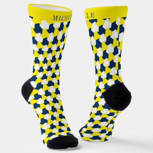 Custom Bright Yellow White Dark Blue Geometric Socks