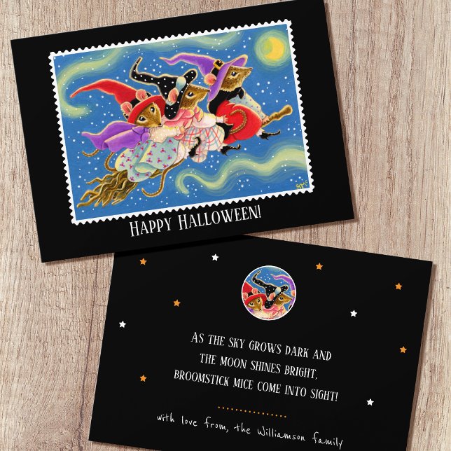 Custom Broomstick Mice Witches Halloween Flat Card (Creator Uploaded)
