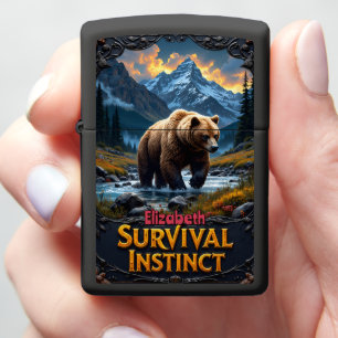 Custom Brown Bear Survival Instinct Mountain Zippo Lighter
