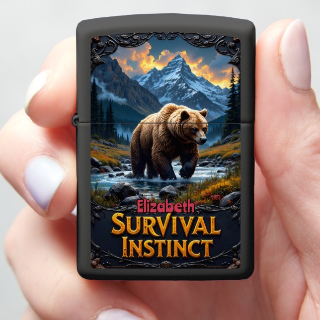 Custom Brown Bear Survival Instinct Mountain  Zippo Lighter (In Hand)