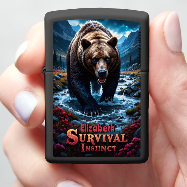 Custom Brown Bear Survival Instinct Stream Zippo Lighter (In Hand)