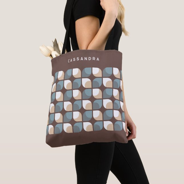 Custom Brown Beige Gray Blue Retro Art Pattern Tote Bag (Close Up)