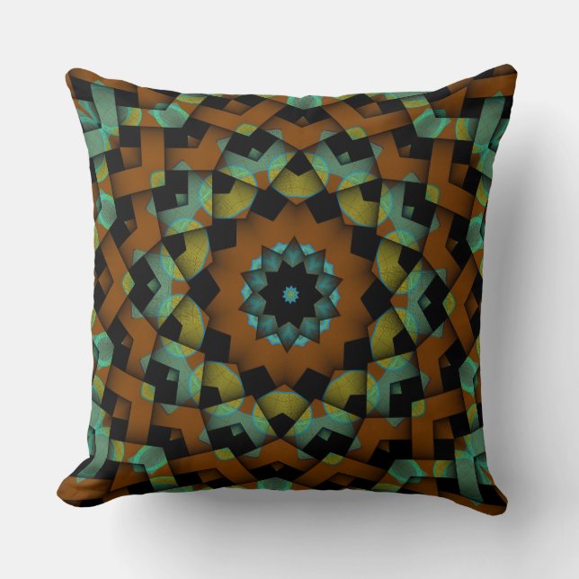 Custom Brown Blue Green Circle Weave Pattern Throw Pillow (Front)