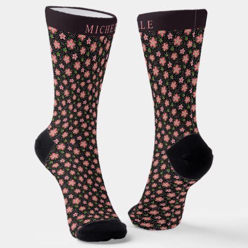 Custom Brown Dot Floral Pink Flowers Pattern Socks
