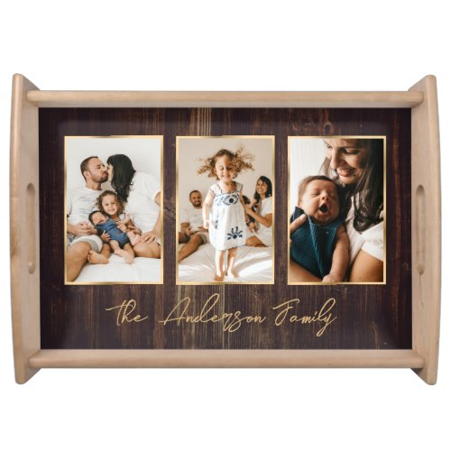 Custom Brown Family Name Photo Collage Serving Tray