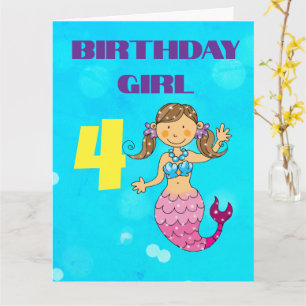 Custom Brown Hair Mermaid 4th Birthday Girl Card