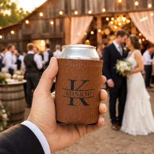Custom Brown Leather Print Monogram Can Cooler