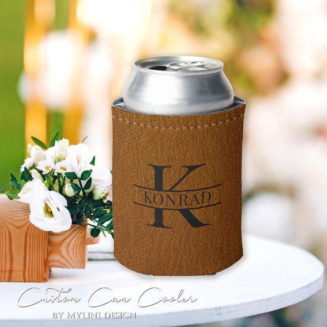 Custom Brown Leather Print Monogram Can Cooler (Creator Uploaded)