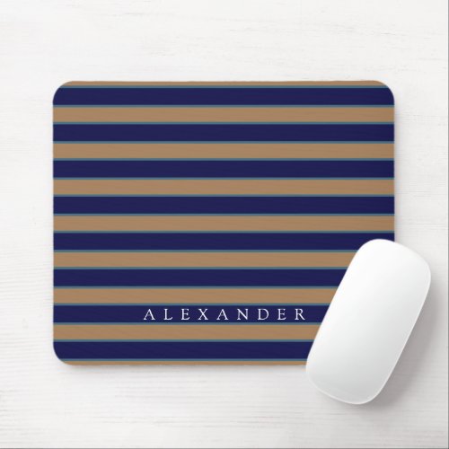 Custom Brown Navy Blue Stripes Monogrammed Mouse Pad