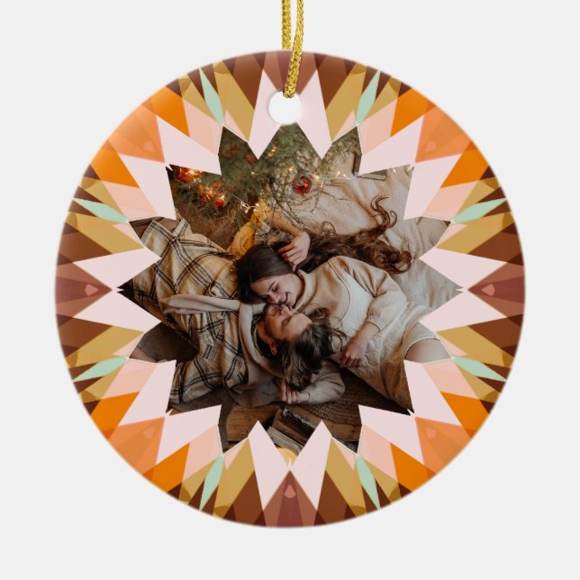 Custom Brown Orange Christmas Star Photo Gift Tree Ceramic Ornament (Front)