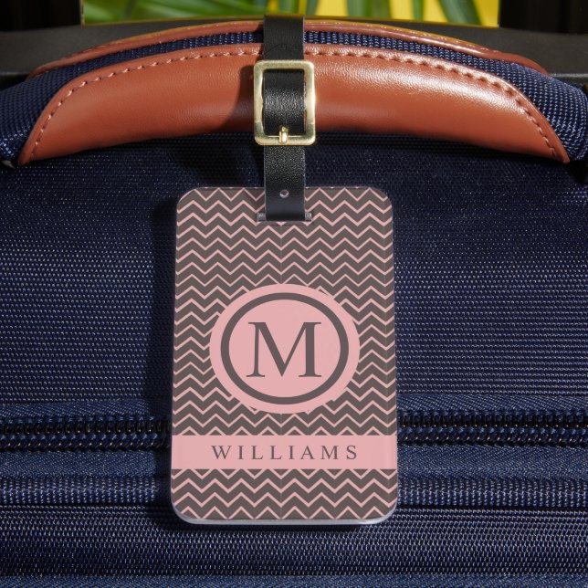 Custom Brown Peach Pink Chevron Pattern Luggage Tag (Front Insitu 2)