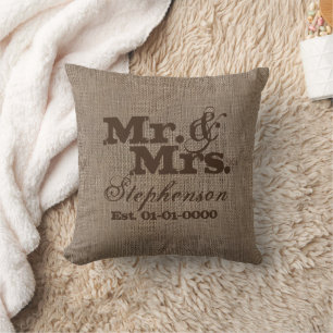 Custom Brown Rustic Burlap-Look Wedding Keepsake Throw Pillow