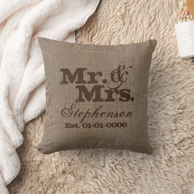 Custom Brown Rustic Burlap-Look Wedding Keepsake Throw Pillow (Blanket)