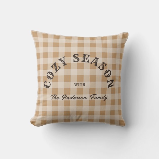 Custom Brown Script Rustic Western Gingham Pattern Throw Pillow (Front)