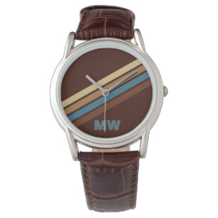 Custom Brown Teal Blue Ivory Stripes Pattern Watch