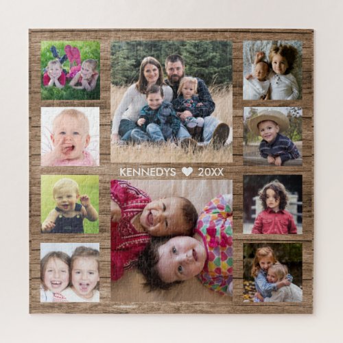 Custom Brown Wood 10 Photo Collage Family Name Jigsaw Puzzle