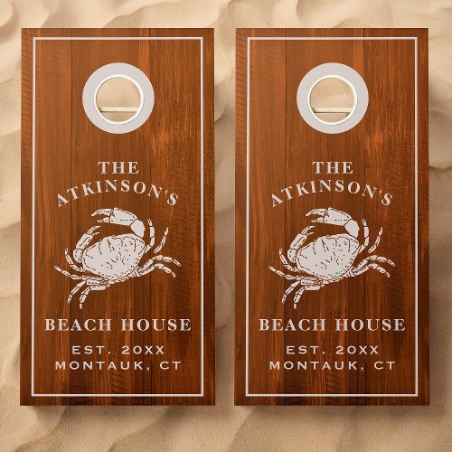 Custom Brown Wood Coastal Crab Beach House Cornhole Set