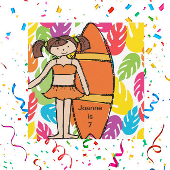 Custom Brunette Girl Surfer Birthday Invites by kids_birthdays at Zazzle