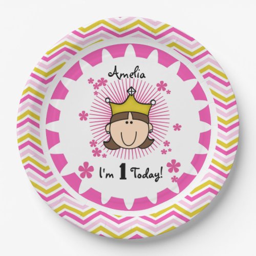 Custom Brunette Princess 1st Birthday Paper Plates