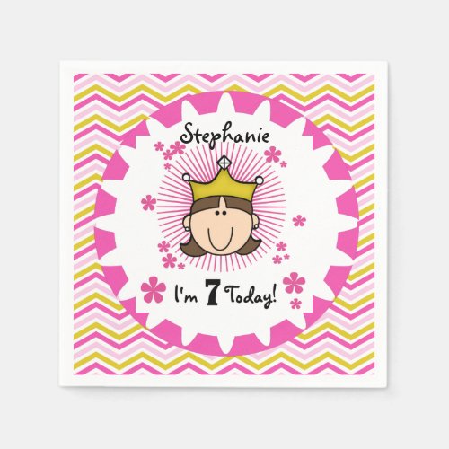 Custom Brunette Princess 7th Birthday Paper Napkin