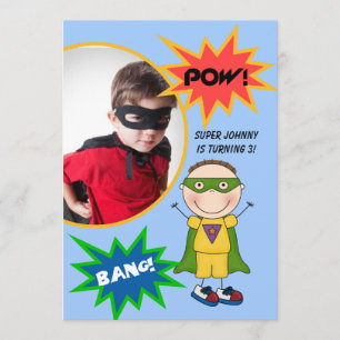 Custom Brunette Super Hero Boy Birthday Invite