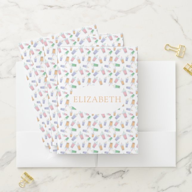 Custom Bubble Tea Pattern Photo Cute Name Pocket Folder (In Situ)
