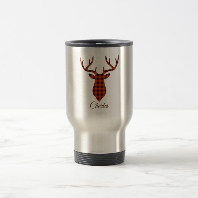Custom Buck Head Silhouette Plaid Pattern Travel Mug (Center)