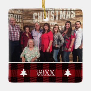 Custom Buffalo Plaid 2-Sided Family Photo Ceramic Ornament
