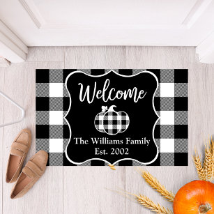 Custom Buffalo Plaid Black & White Autumn Welcome Doormat