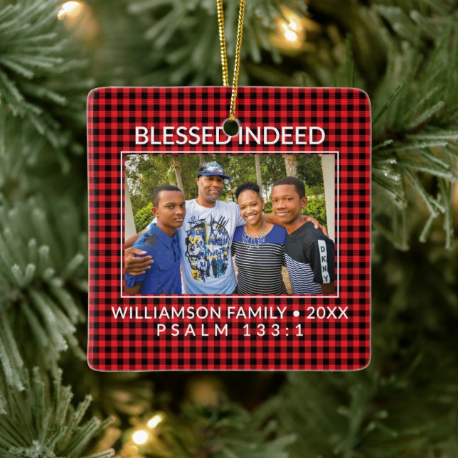 Custom Buffalo Plaid Family Christian Christmas  Ceramic Ornament (Tree)