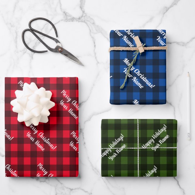 Custom buffalo plaid gingham check Merry Christmas Wrapping Paper Sheets (Front)