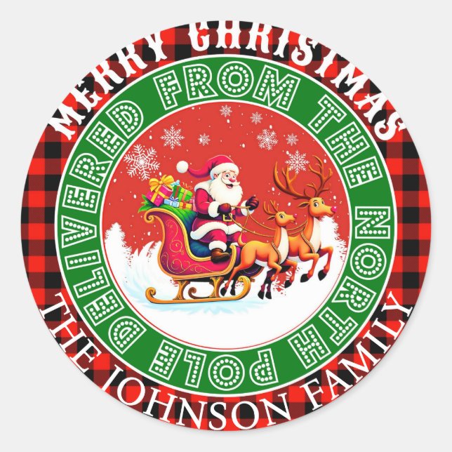 Custom buffalo red plaid Merry Christmas Santa  Classic Round Sticker (Front)