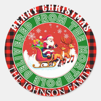 Custom buffalo red plaid Merry Christmas Santa Classic Round Sticker
