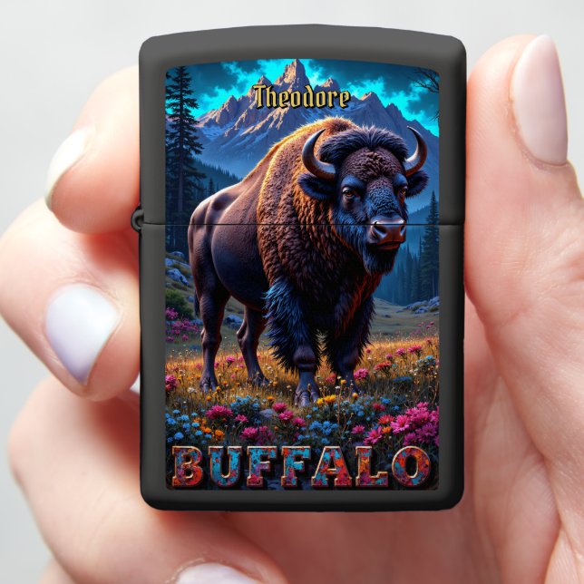 Custom Buffalo Wildlife Vibrant Sunset Zippo Lighter (In Hand)