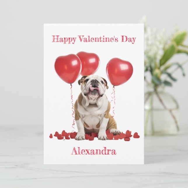 Custom Bulldog Hearts Balloons Valentine Holiday Card (Standing Front)