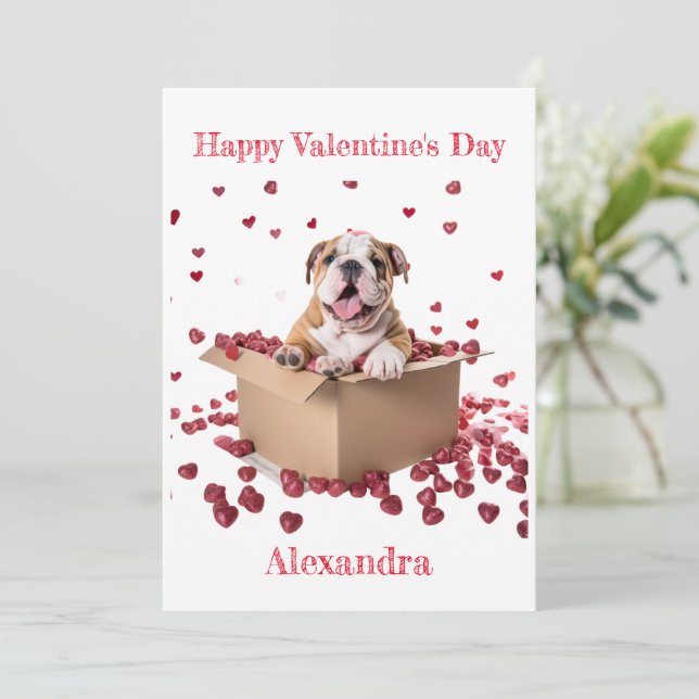 Custom Bulldog in Box with Hearts Valentine Holiday Card (Standing Front)
