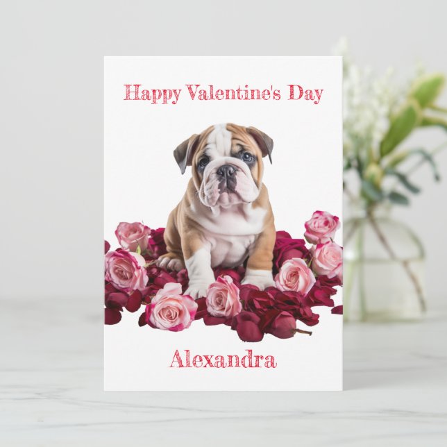 Custom Bulldog with Pink and Red Roses Valentine Holiday Card (Standing Front)
