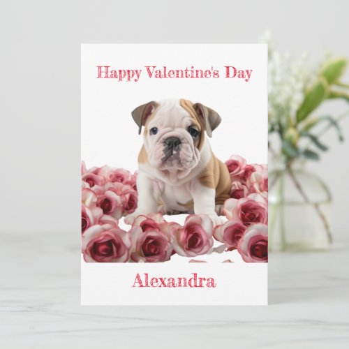 Custom Bulldog with Pink Roses Valentine Holiday Card