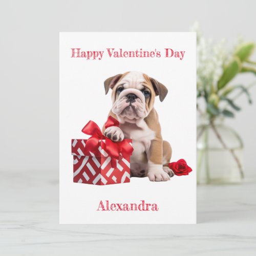 Custom Bulldog with Red Gift Box Valentine Holiday Card