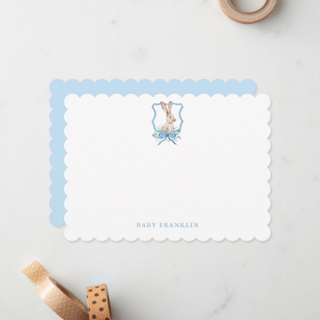 Custom Bunny Baby Boy Stationery Baby Shower  Note Card (Front/Back In Situ)