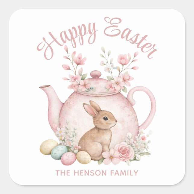 Custom Bunny & Pink Floral Teapot Happy Easter Square Sticker (Front)