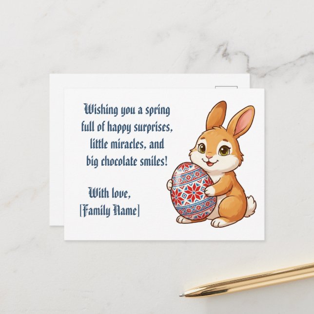 Custom Bunny Postcard - Ethnic Egg & Editable Name (Front/Back In Situ)