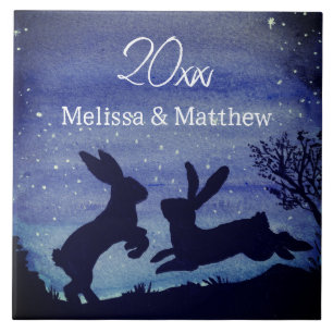 Custom Bunny Rabbit Blue Night Wedding Anniversary Ceramic Tile